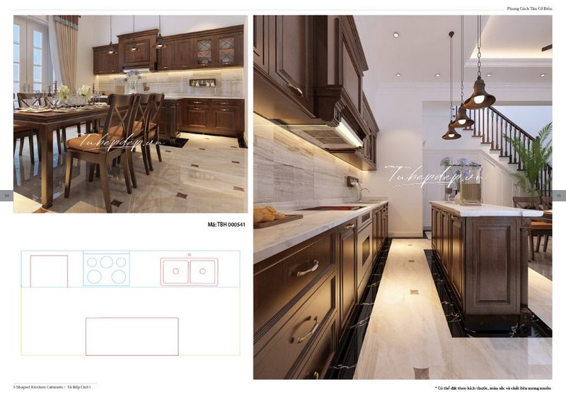 Từng chi tiết thiết kế nội thất phòng bếp của biệt thự, nhà phố đều được tính toán. Gỗ tự nhiên là chất liệu tuyệt vời sử dụng để làm tủ bếp kiểu tân cổ điển.